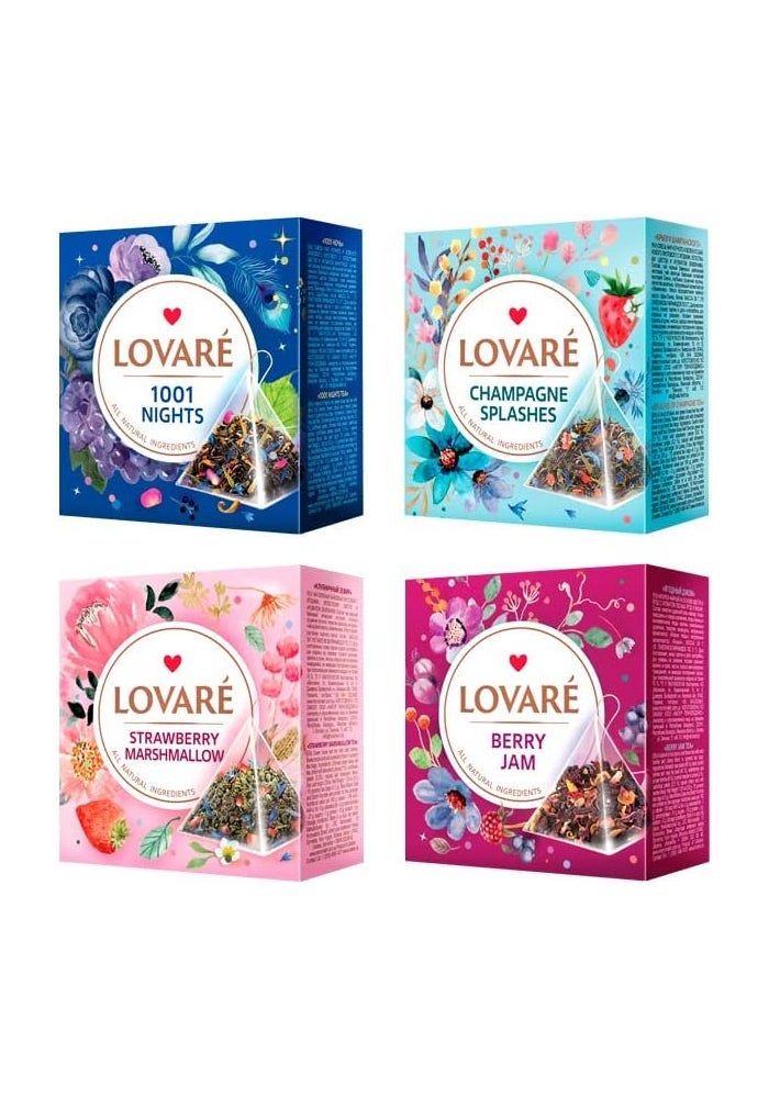 LOVARE مجموعة شاي متنوعة من LOVARE - 60 هرمية (1001 ليلة، مارشميلو الفراولة، رشات الشمبانيا، مربى التوت) - Image 1